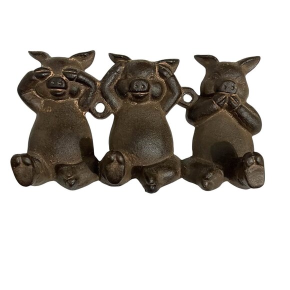 Cast Iron 3 Wise Pigs Hear See Speak No Evil Wall Hook 4" x 7" Coat Hook - Picture 1 of 4
